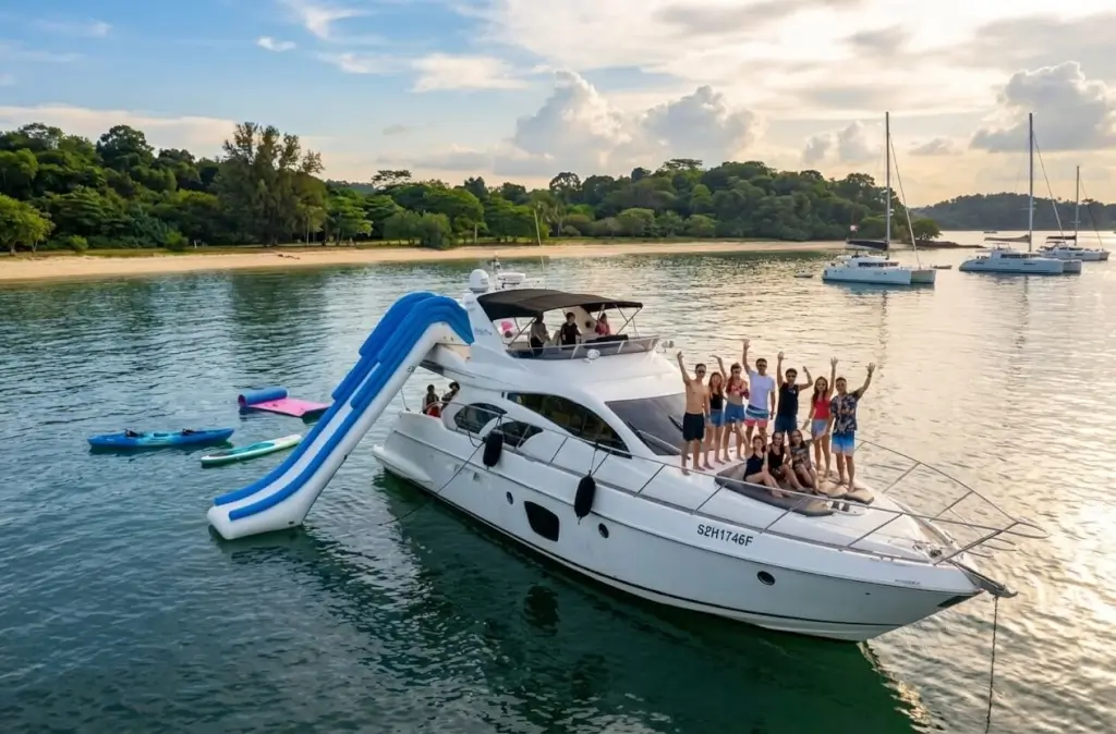 Azimut 55 - Zen Sea III Three Yacht Singapore - A large group of people wave from the deck of a white yacht, equipped with an inflatable slide and water toys, anchored in calm tropical waters near a lush green island ...