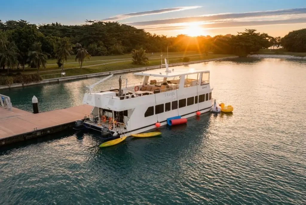 MS Eternity 1 One Yacht Singapore - A white yacht named 'Tiller life' is docked at a wooden pier on calm water, with lush green trees on the distant shore and several water toys floating alongside, all illuminated by ...