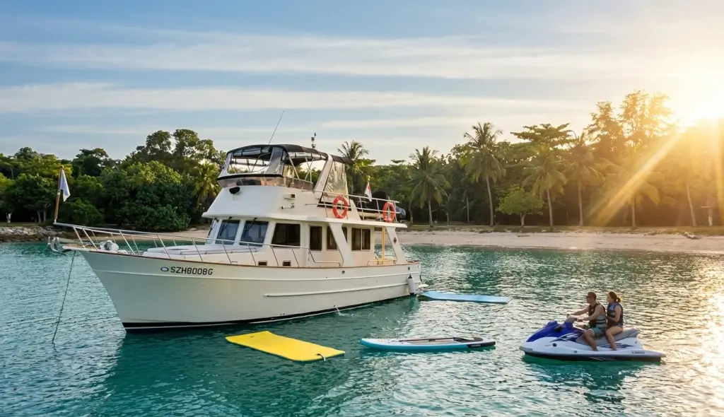 Clipper Heritage - No Name One Yacht Charter Singapore - A white yacht is anchored in clear turquoise water near a tropical beach with palm trees at Marina at Keppel Bay, Singapore