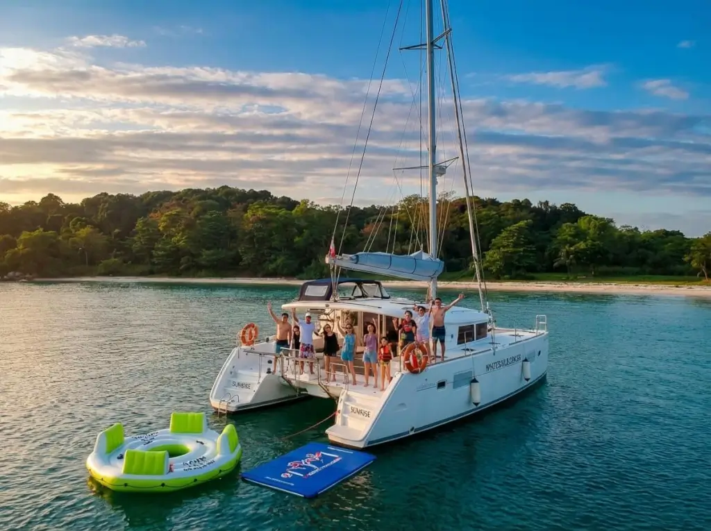 Sunrise 40ft catamaran with 360-degree trampoline net overlooking Singapore waters