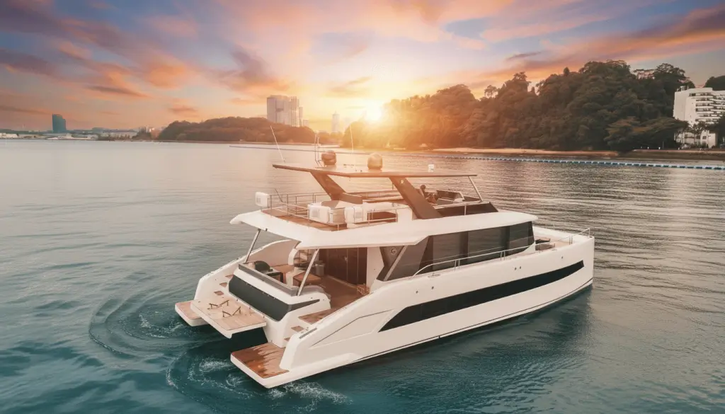 Eagle Wings V Charter Singapore - A sleek, modern white catamaran yacht traverses calm, blue-green waters under a vibrant sunset or sunrise sky, with a lush green coastline and distant city buildings forming the backd...
