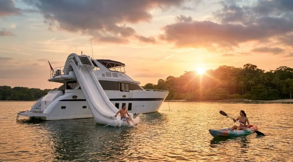 Anka Yacht Singapore - A diverse group of people is enjoying a social gathering on the spacious deck of a luxury yacht, featuring a jacuzzi, while cruising past lush tropical islands under a bright sky at ONEΒ°15 Marin...