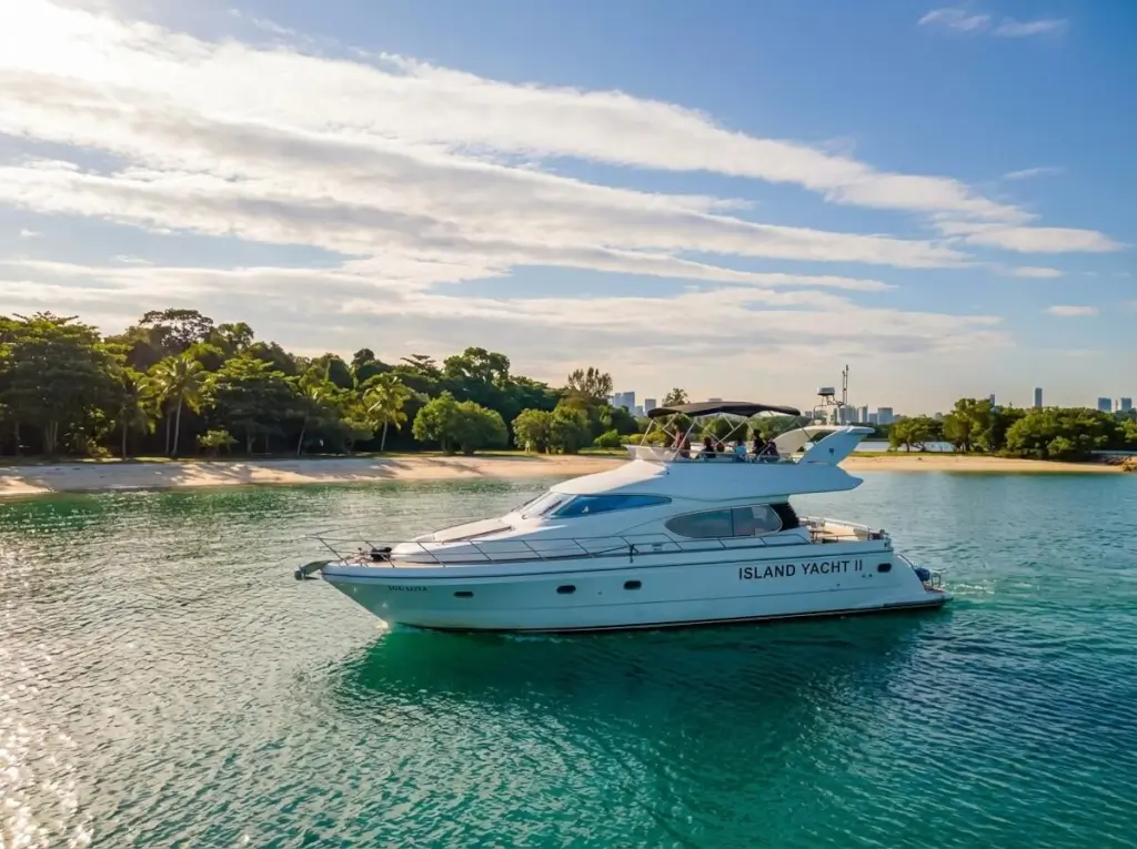 Island Yacht Two Singapore - A large group of people are seen jumping and swimming around a white yacht anchored in clear turquoise water near a tropical sandy beach at ONEΒ°15 Marina Club, Singapore