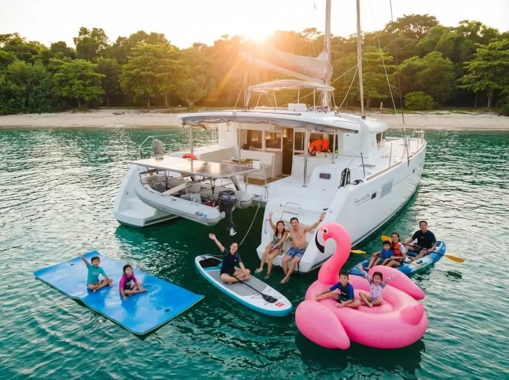 Lagoon 450 - Zen Sea II - Flor De La Mar Flower of the Sea Two Yacht Singapore - A large group of adults and children enjoy various water activities around a white catamaran anchored in clear tropical water at 7-11 St...