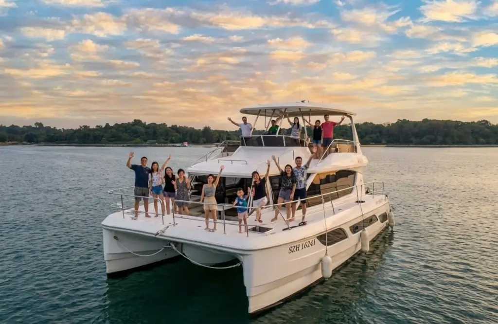 Aquila 48 - No Name 2 Two Charter Singapore - A group of diverse people, including adults and a child, smile and wave from a large white catamaran yacht on calm waters at Marina at Keppel Bay, Singapore