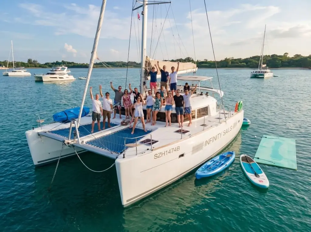 Lagoon 400 - Argon Yacht Charter - A smiling multi-generational family of seven people and a golden retriever sit on the front deck of a white catamaran sailboat, waving to the camera at ONEΒ°15 Marina Club, Singapore