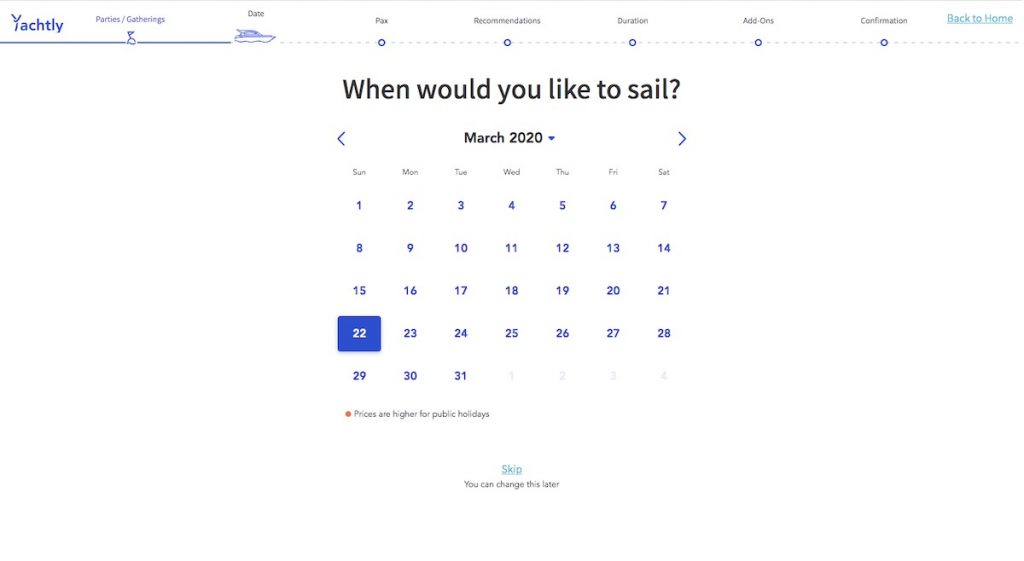 Booking page with a calendar view, where you can choose the sail date